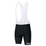 A pair of black cycling bib shorts, part of the Bike Smiley Face Cycling Jersey Set, features a gel seat pad and white shoulder straps. Made from lightweight polyester fabric, it offers a smooth and stretchy feel with stylish white stripes near the hem on both legs.