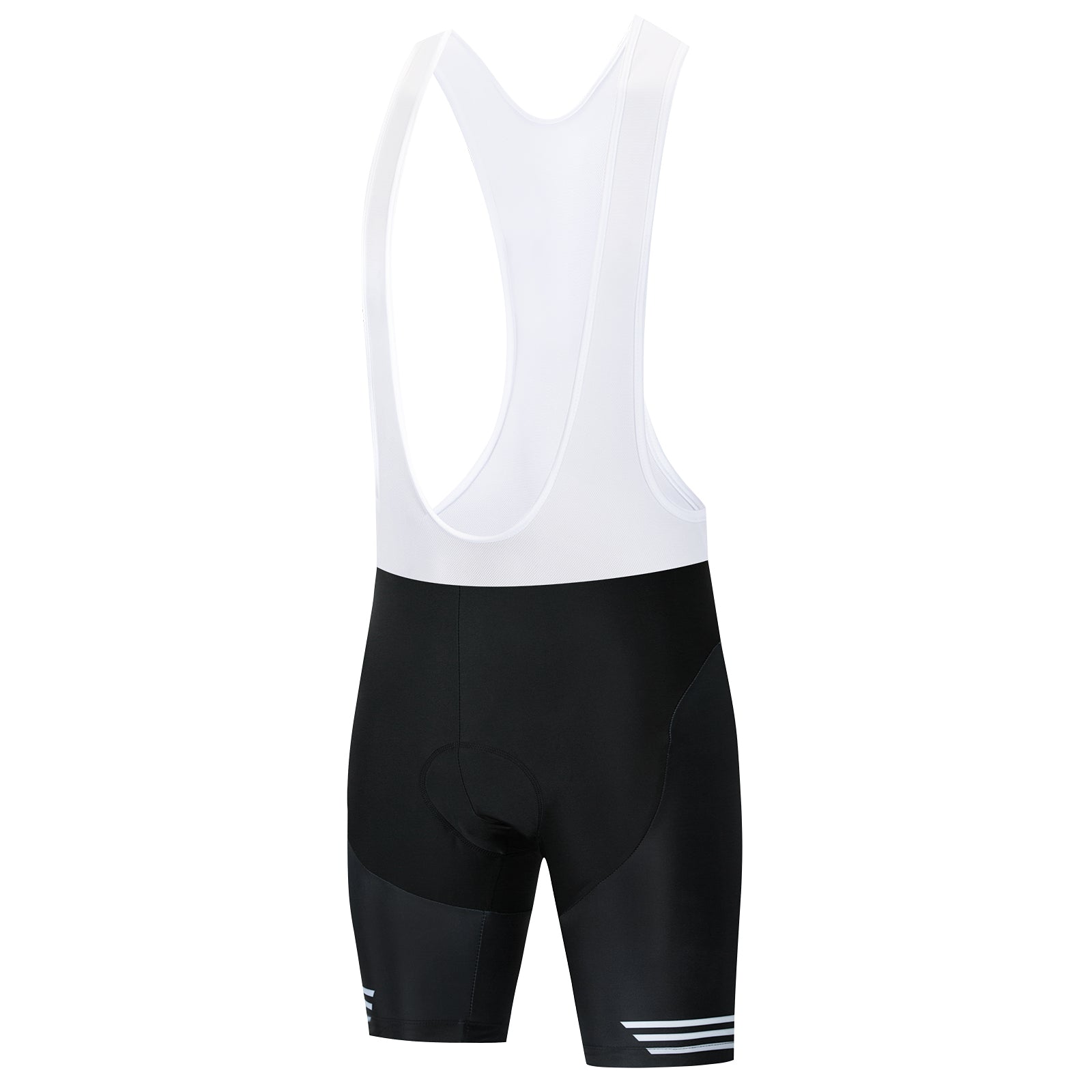 A pair of black cycling bib shorts, part of the Bike Smiley Face Cycling Jersey Set, features a gel seat pad and white shoulder straps. Made from lightweight polyester fabric, it offers a smooth and stretchy feel with stylish white stripes near the hem on both legs.