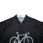 The Bike Smiley Face Cycling Jersey Set includes a black jersey made of lightweight polyester, adorned with a white bike graphic on the chest. It features a front zipper, collar, and subtly textured fabric on the shoulders and sleeves.