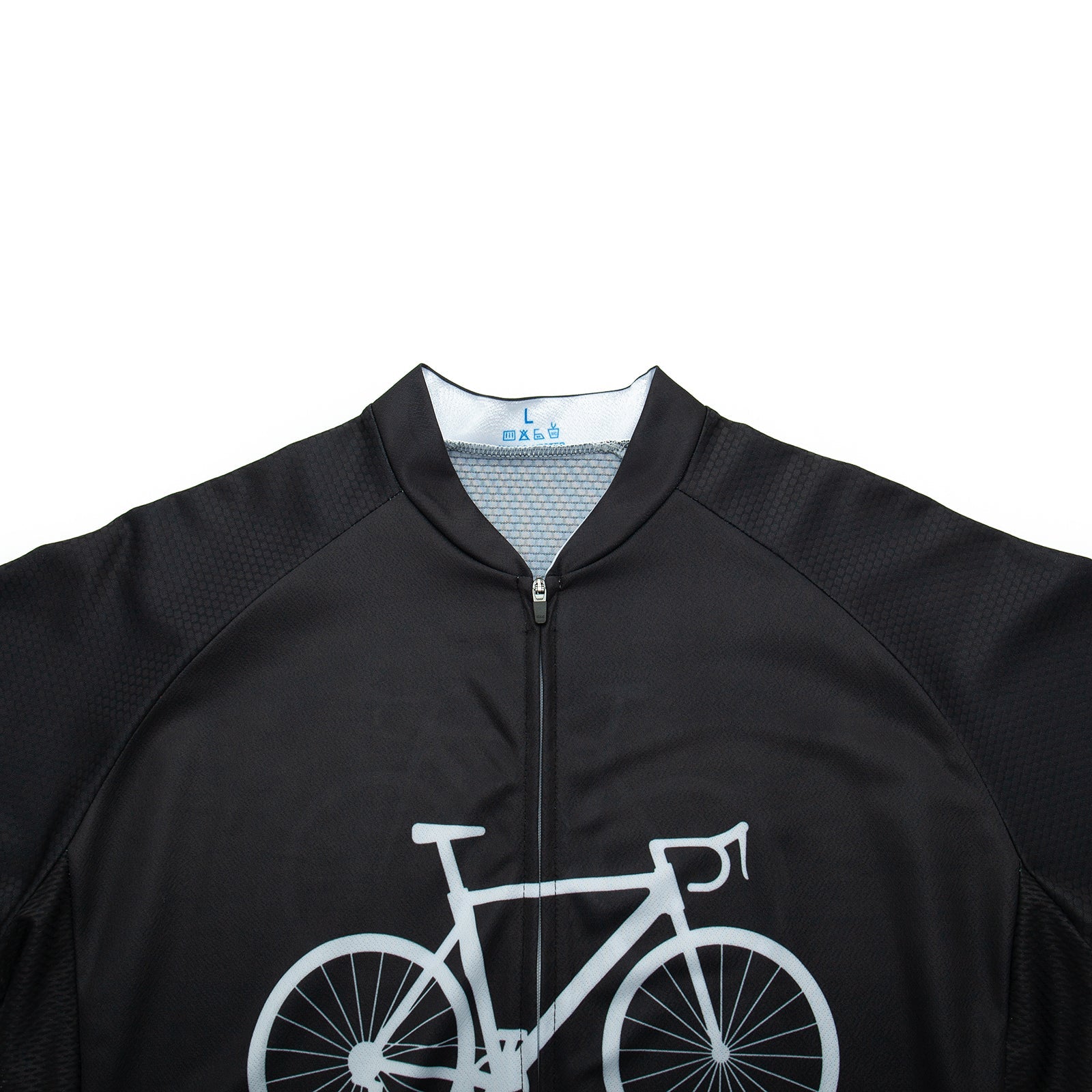 The Bike Smiley Face Cycling Jersey Set includes a black jersey made of lightweight polyester, adorned with a white bike graphic on the chest. It features a front zipper, collar, and subtly textured fabric on the shoulders and sleeves.