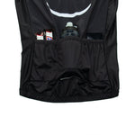 The back of the black Bike Smiley Face Cycling Jersey Set, made from lightweight polyester, has three pockets for energy bars, a water bottle, and a smartphone. A white logo is on top.