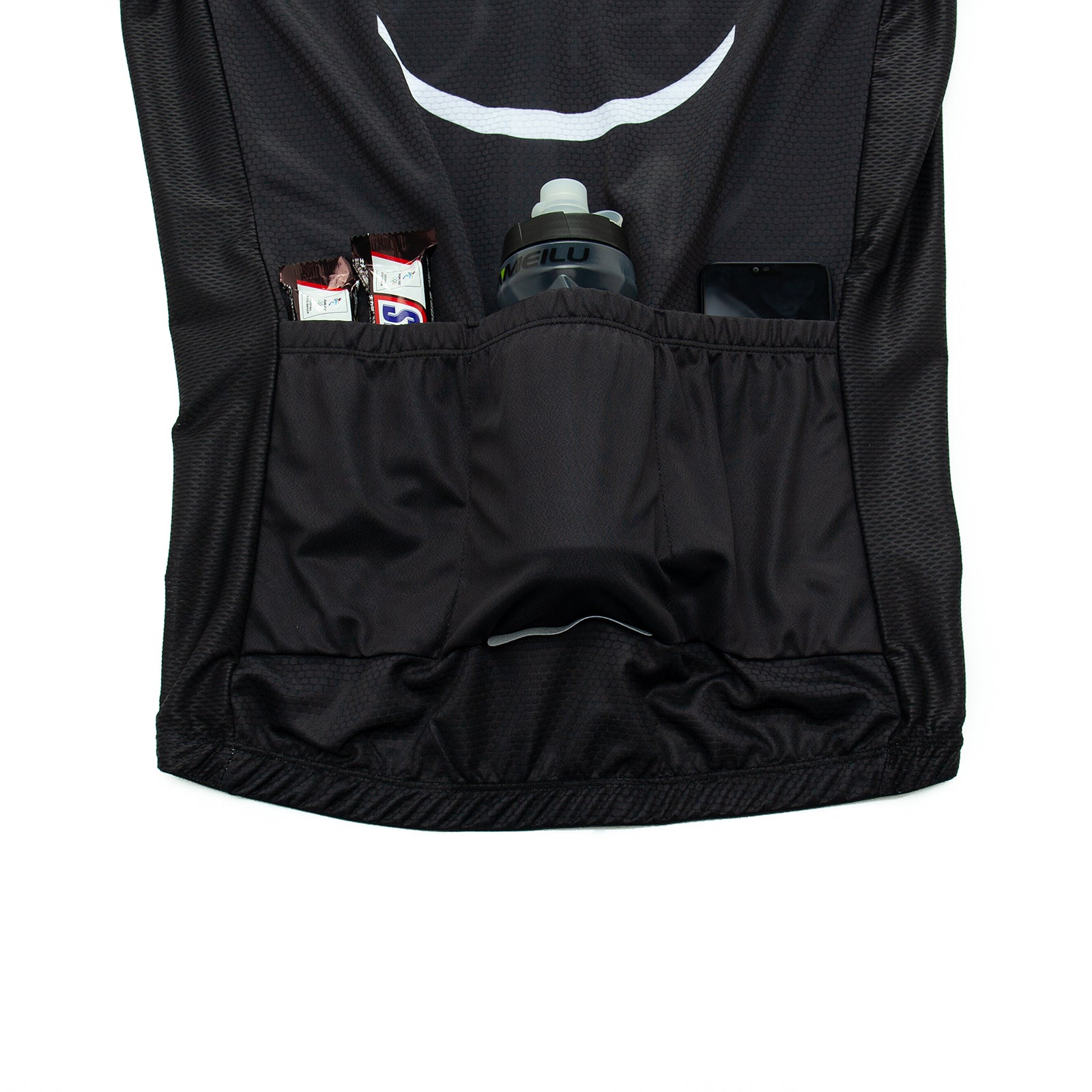 The back of the black Bike Smiley Face Cycling Jersey Set, made from lightweight polyester, has three pockets for energy bars, a water bottle, and a smartphone. A white logo is on top.
