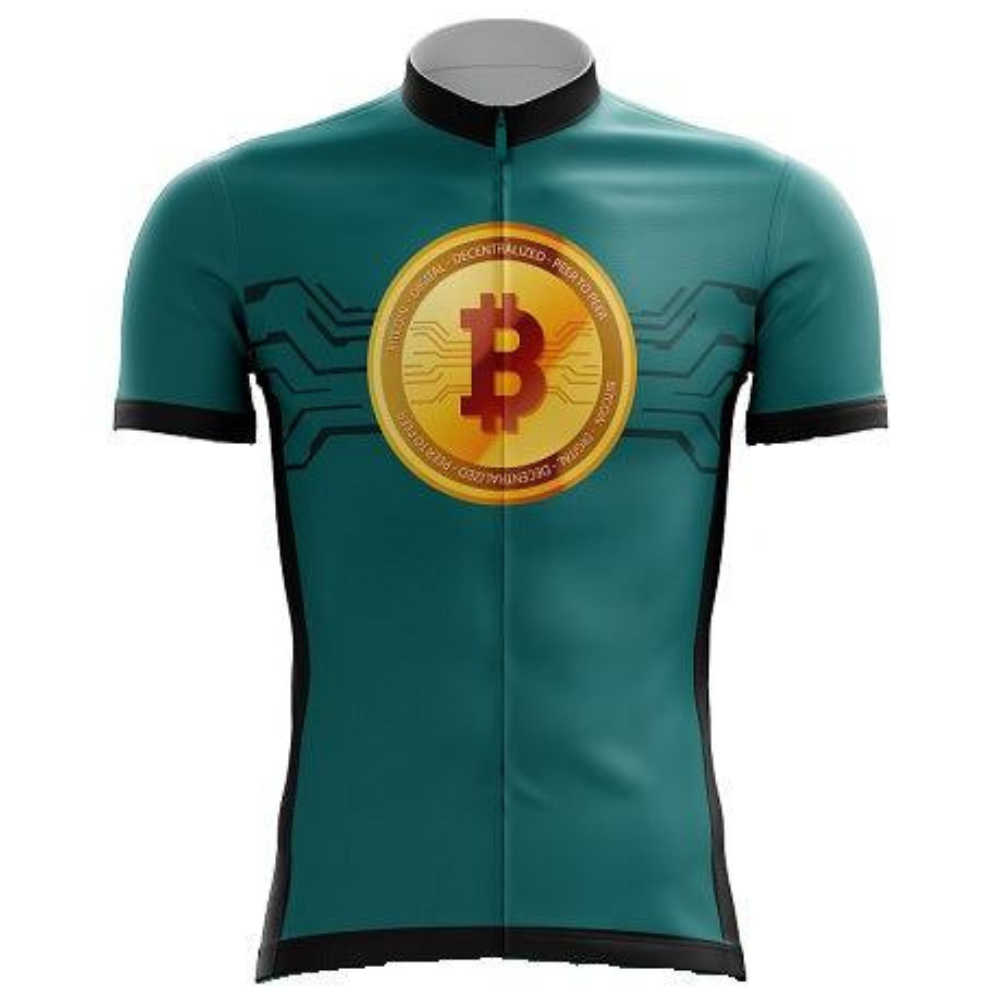 The Bitcoin Cycling Jersey is a lightweight polyester piece featuring a dynamic teal design with a prominent Bitcoin logo on the chest. Dark accents on the zipper, cuffs, and collar complement its tech-inspired circuit-like patterns framing the logo.