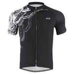 The Black and White Pattern Cycling Jersey is a lightweight polyester design featuring a black base with a striking white and gray abstract pattern on the left shoulder and sleeve, tailored for performance with a front zipper and subtle logo on the right chest.