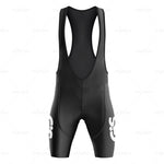 The GiS Trentino Vacanze Retro Cycling Jersey Set showcases black cycling bib shorts with a racerback design and padded seat. Made from breathable, comfortable, lightweight polyester for aerodynamic performance, it features white logo designs near the legs.