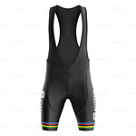 The Salvarani 1972 Retro Cycling Jersey Set features black bib shorts with shoulder straps and a multicolored stripe at the bottom, echoing the style of legends like Felice Gimondi with a sleek, athletic design that honors the iconic Salvarani jerseys.