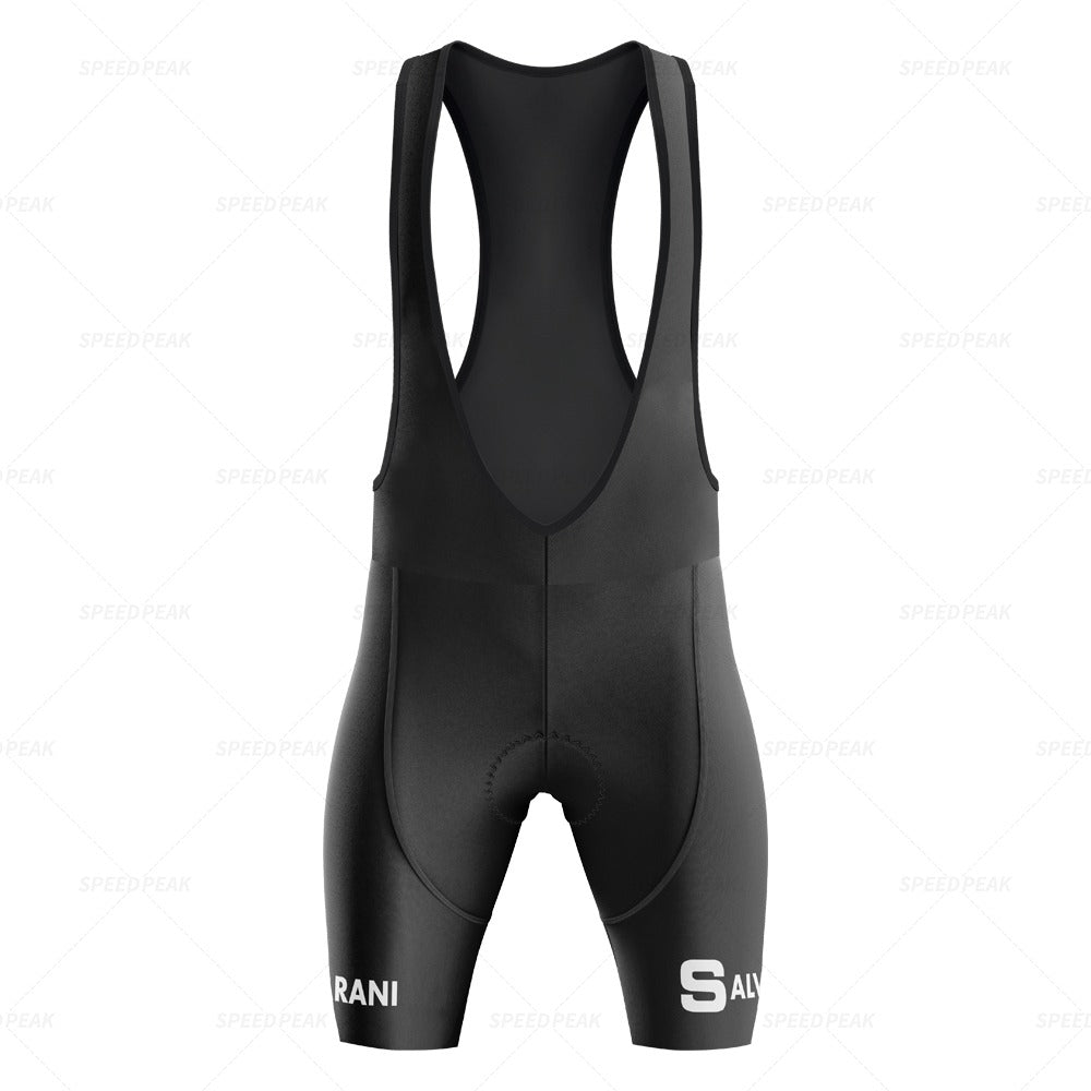 The Salvarani 1972 Retro Cycling Jersey Set includes black cycling bib shorts with wide straps and padding for comfort. RANI on the right leg and SALV on the left evoke Felice Gimondis Grand Tour victories, reminiscent of a retro style from the back view.