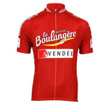 The Brioches La Boulangere 2003 Retro Cycling Jersey is made of lightweight polyester and sports Brioches La Boulangère, Vendée, and a rooster logo. This vibrant red jersey features a high collar, short sleeves, and shoulder branding for an authentic vintage look.
