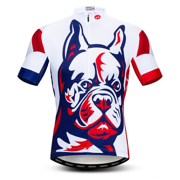 Introducing the British Bulldog Cycling Jersey: a short-sleeved jersey in lightweight polyester with a full front zipper and high collar. It features a bold stylized bulldog graphic in red, blue, and white, complemented by color blocks on the shoulders and sleeves.