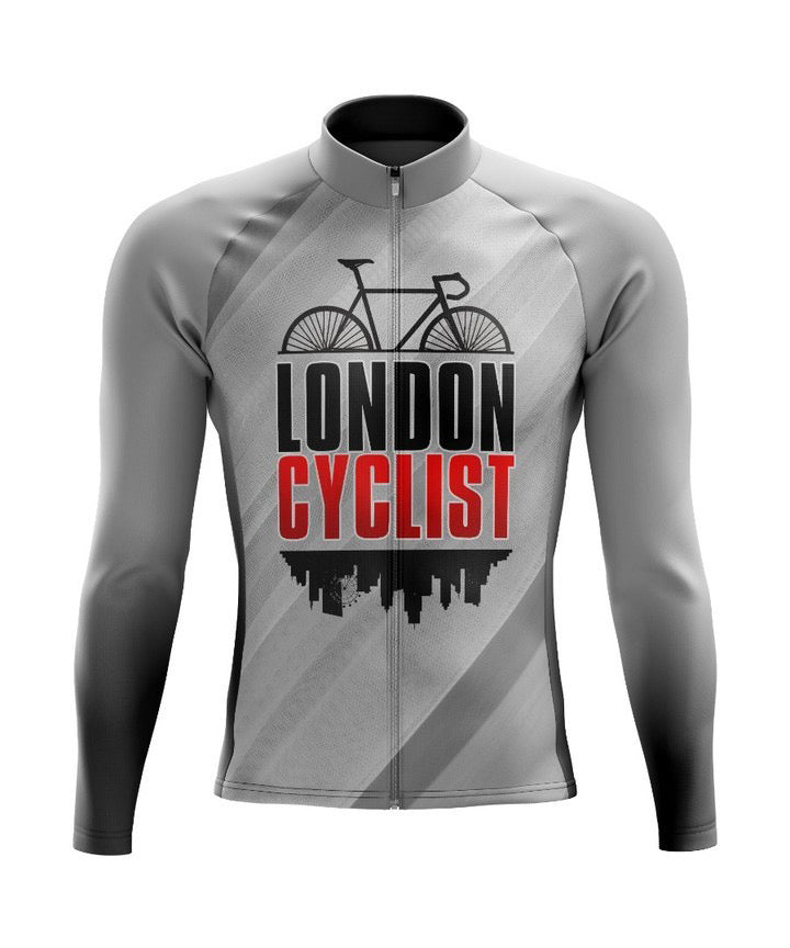 The London Cyclist Retro Cycling Jersey, available with a fleece option, sports a black bicycle silhouette and bold London Cyclist text on a subtle city skyline background with diagonal gray stripes. It features long sleeves and a front zipper for added style and comfort.