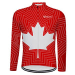 Introducing the Canada Maple Leaf Cycling Jersey: a red and white, lightweight polyester top with a bold maple leaf and geometric zigzag patterns. Opt for the fleece-lined version for extra warmth, ensuring style and comfort while cycling.
