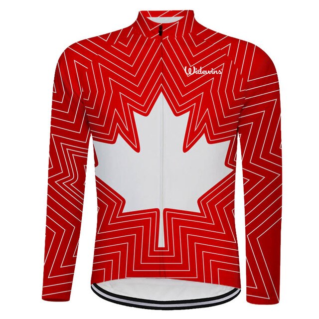 Introducing the Canada Maple Leaf Cycling Jersey: a red and white, lightweight polyester top with a bold maple leaf and geometric zigzag patterns. Opt for the fleece-lined version for extra warmth, ensuring style and comfort while cycling.