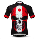 The Canada Skull Cycling Jersey is a black performance cycling jersey with a striking skull featuring a Canadian flag motif. Made from lightweight polyester, it showcases a red-and-white skull with a maple leaf on its forehead and has bold red sleeve details with a front zipper.