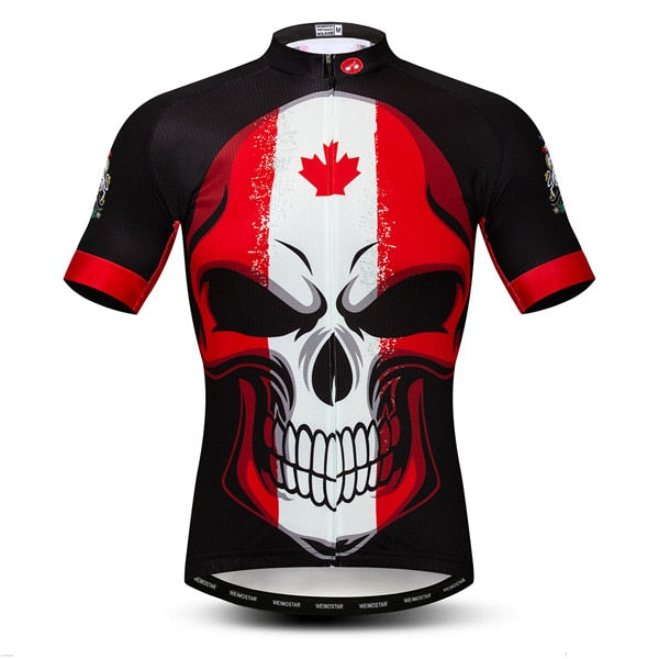 The Canada Skull Cycling Jersey is a black performance cycling jersey with a striking skull featuring a Canadian flag motif. Made from lightweight polyester, it showcases a red-and-white skull with a maple leaf on its forehead and has bold red sleeve details with a front zipper.