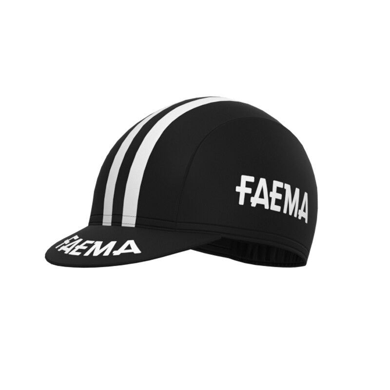A black cycling cap with two white stripes and FAEMA in bold white on the side and brim perfectly complements the Womens Faema 1955 Retro Cycling Jersey Set for a classic look.