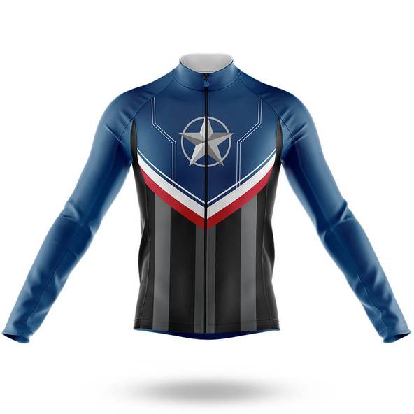 The Captain America Long Sleeved Cycling Jersey features a star emblem on the chest, blue shoulders, red and white chevrons, and black vertical stripes. It is shown against a white background.
