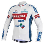 The Carrera Jeans 1987 Retro Cycling Jersey, available with a fleece option, features a white long-sleeve design with blue and red accents and logos like Carrera Jeans, Vagabond, Tonello, and Ge-One. A classic choice for enthusiasts, it showcases multiple brand names and graphics.