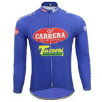The Carrera Jeans Tassoni Retro Cycling Jersey features long sleeves, Carrera in a red oval, and Tassoni in yellow. White text and logos embellish the chest and sleeves, embodying its classic charm.