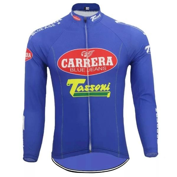 The Carrera Jeans Tassoni Retro Cycling Jersey features long sleeves, Carrera in a red oval, and Tassoni in yellow. White text and logos embellish the chest and sleeves, embodying its classic charm.