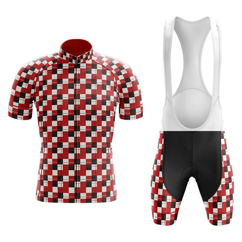 Retro cycling enthusiasts will love the Chequered Red White Black Cycling Jersey Set, featuring a jersey with short sleeves, front zipper, and matching bib shorts with black cushioning and crisp white suspenders in a stylish red, black, white, and gray square pattern.