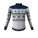 The Christmas Jumper-Themed Cycling Jersey (Summer Option) is a breathable, long-sleeved jersey featuring festive navy and white patterns with bikes, snowflakes, trees, and geometric shapes. A navy blue collar and cuffs enhance its performance-ready style.