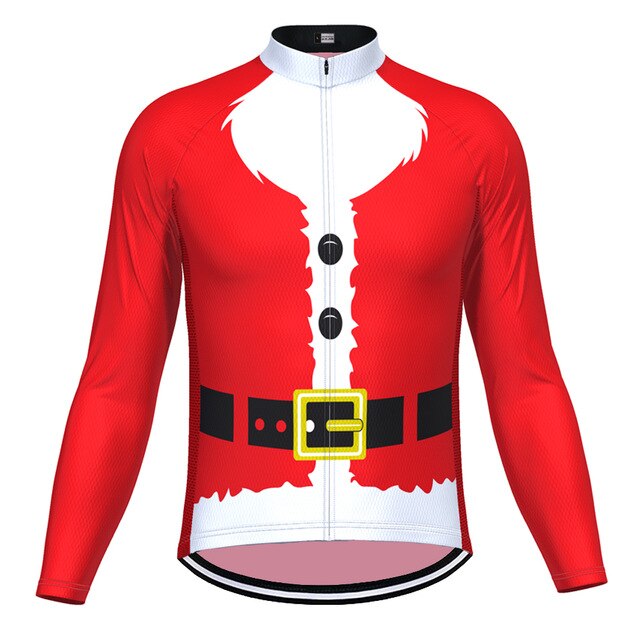 The Christmas Jumper-Themed Cycling Jersey (Summer Option) resembles a Santa suit with a red base, white trim, black buttons, and a yellow belt buckle. Its breathable for high performance during festive rides.