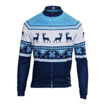 The Christmas Jumper-Themed Cycling Jersey (Summer Option) features a zipper front, blue and white reindeer and snowflake pattern, ensuring breathability. It boasts a stylish winter design with light blue collar and shoulders.
