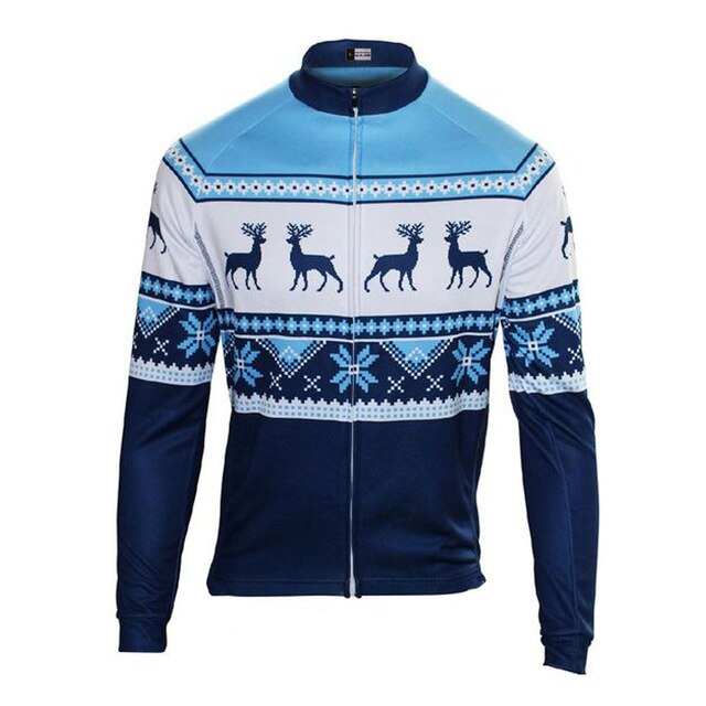 The Christmas Jumper-Themed Cycling Jersey (Summer Option) features a zipper front, blue and white reindeer and snowflake pattern, ensuring breathability. It boasts a stylish winter design with light blue collar and shoulders.