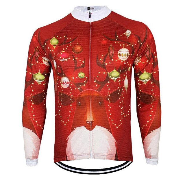 The Christmas Jumper-Themed Cycling Jersey (Summer Option) combines breathable comfort with a festive reindeer design, adorned with colorful ornaments and lights in its antlers. Primarily red with white trim, it includes a full-length zipper for enhanced performance.