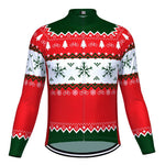 The Christmas Jumper-Themed Cycling Jersey (Summer Option) sports festive red, green, and white colors with snowflakes, pine trees, and bicycle icons. The performance design features zigzag patterns, a zipper front, and breathable fabric for comfort during your rides.
