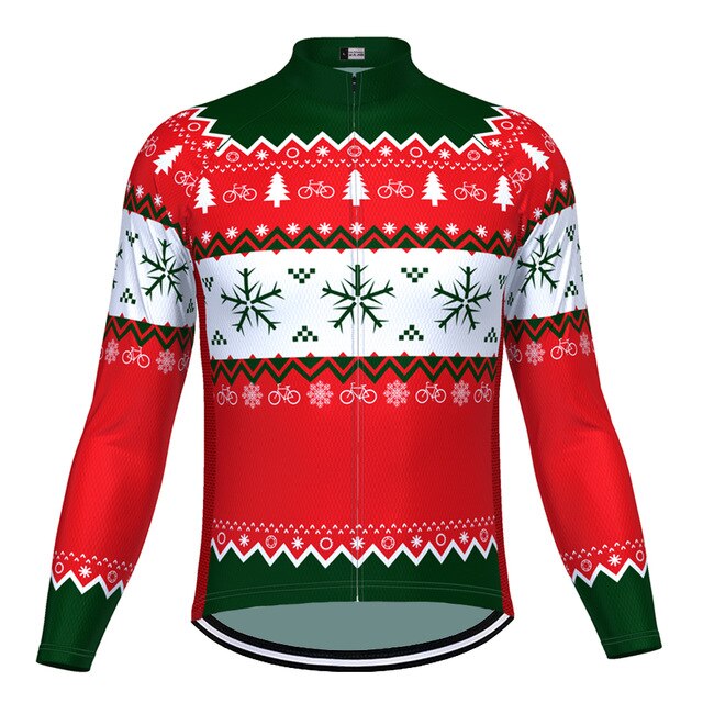 The Christmas Jumper-Themed Cycling Jersey (Summer Option) sports festive red, green, and white colors with snowflakes, pine trees, and bicycle icons. The performance design features zigzag patterns, a zipper front, and breathable fabric for comfort during your rides.