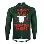 The Christmas Jumper-Themed Cycling Jersey (Summer Option) is a green long-sleeve, performance cycling jersey with a reindeer graphic and the text OH DEER CHRISTMAS IS HERE. Its breathable fabric ensures a festive Christmas jumper feel on your ride.
