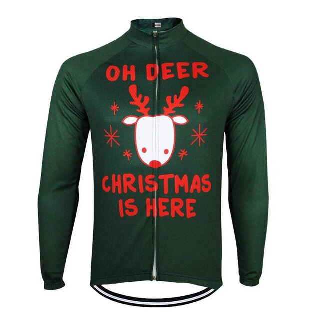 The Christmas Jumper-Themed Cycling Jersey (Summer Option) is a green long-sleeve, performance cycling jersey with a reindeer graphic and the text OH DEER CHRISTMAS IS HERE. Its breathable fabric ensures a festive Christmas jumper feel on your ride.