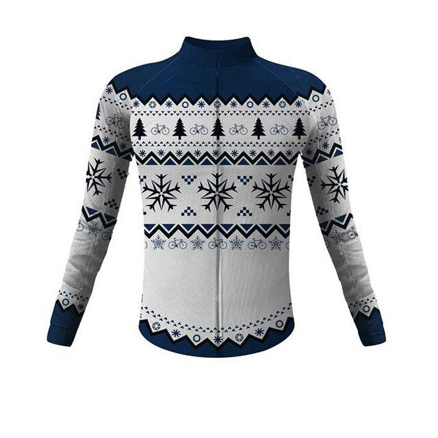 The Christmas Jumper-Themed Cycling Jersey has a fleece lining and features snowflakes, bicycles, and fir trees in navy blue, black, and white on gray. It includes a zippered front and stand-up collar for style and warmth.