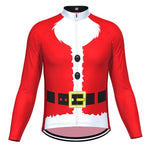 The Christmas Jumper-Themed Cycling Jersey resembles a Santa suit with a red design, white collar and trim, black buttons, and a printed black belt with yellow buckle. Its breathable and fleece-lined for warm winter rides.