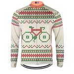 The Christmas Jumper-Themed Cycling Jersey features a festive design with breathable, cream-colored fabric adorned with red and green knitted patterns and a bicycle motif on the chest.