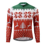 The Christmas Jumper-Themed Cycling Jersey with fleece lining features long sleeves, a festive red and green sweater pattern adorned with white snowflakes, reindeer, and tree designs. The top is green while the predominantly red bottom includes breathable festive motifs.