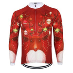 The Christmas Jumper-Themed Cycling Jersey (with Fleece Lining) features a red reindeer design with ornament-adorned antlers, combining festive charm and cycling functionality. It offers breathable fabric, a fleece interior, full zip front, and a white collar for comfort.