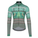 The Christmas Jumper-Themed Cycling Jersey features a green, festive design with snowflakes, reindeer, and trees. Its breathable with a ribbed collar, zippered front, and fleece lining for warmth during chilly rides.