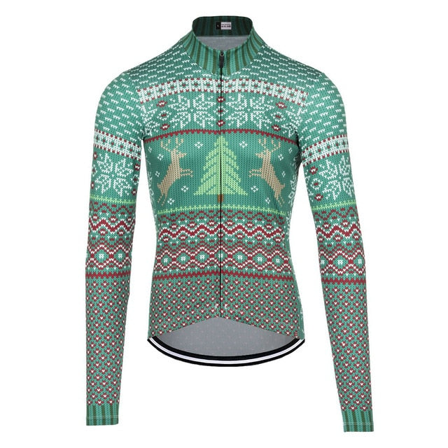 The Christmas Jumper-Themed Cycling Jersey features a green, festive design with snowflakes, reindeer, and trees. Its breathable with a ribbed collar, zippered front, and fleece lining for warmth during chilly rides.