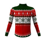 The Christmas Jumper-Themed Cycling Jersey features a festive red, green, and white design with snowflakes, trees, and bicycle icons. This long-sleeved, fleece-lined jersey includes a zippered front for warmth and breathability.