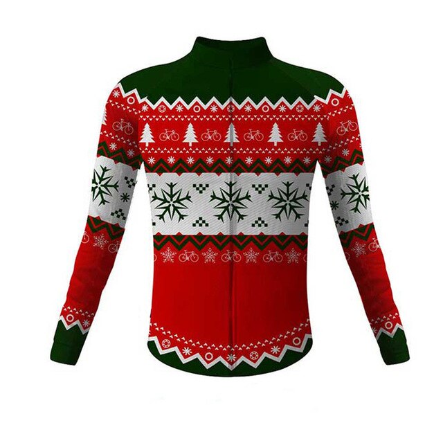 The Christmas Jumper-Themed Cycling Jersey features a festive red, green, and white design with snowflakes, trees, and bicycle icons. This long-sleeved, fleece-lined jersey includes a zippered front for warmth and breathability.