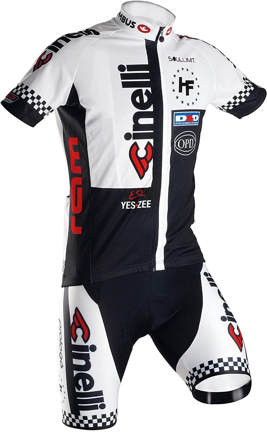 The Cinelli OPD 2008 Retro Cycling Jersey Set in black and white showcases logos like Cinelli OPD and YES.ZEE, checkered sides, and evokes Franck Vandenbroucke. It includes a short-sleeve jersey and matching shorts adorned with sponsor logos.