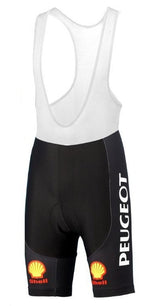 The Classic 1960s Peugeot Shell Retro Cycling Jersey Set includes black bib shorts, a white upper with PEUGEOT vertically on the side, and an orange and yellow Shell logo near the hems, reminiscent of Eddy Merckxs iconic era.