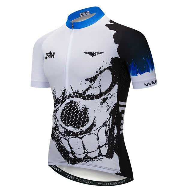 The Clown-Skull Cycling Jersey features a skull graphic with a white and black design, blue collar, and flame-patterned sleeves. Crafted from lightweight polyester, it includes text logos and a full-length front zipper for added comfort.
