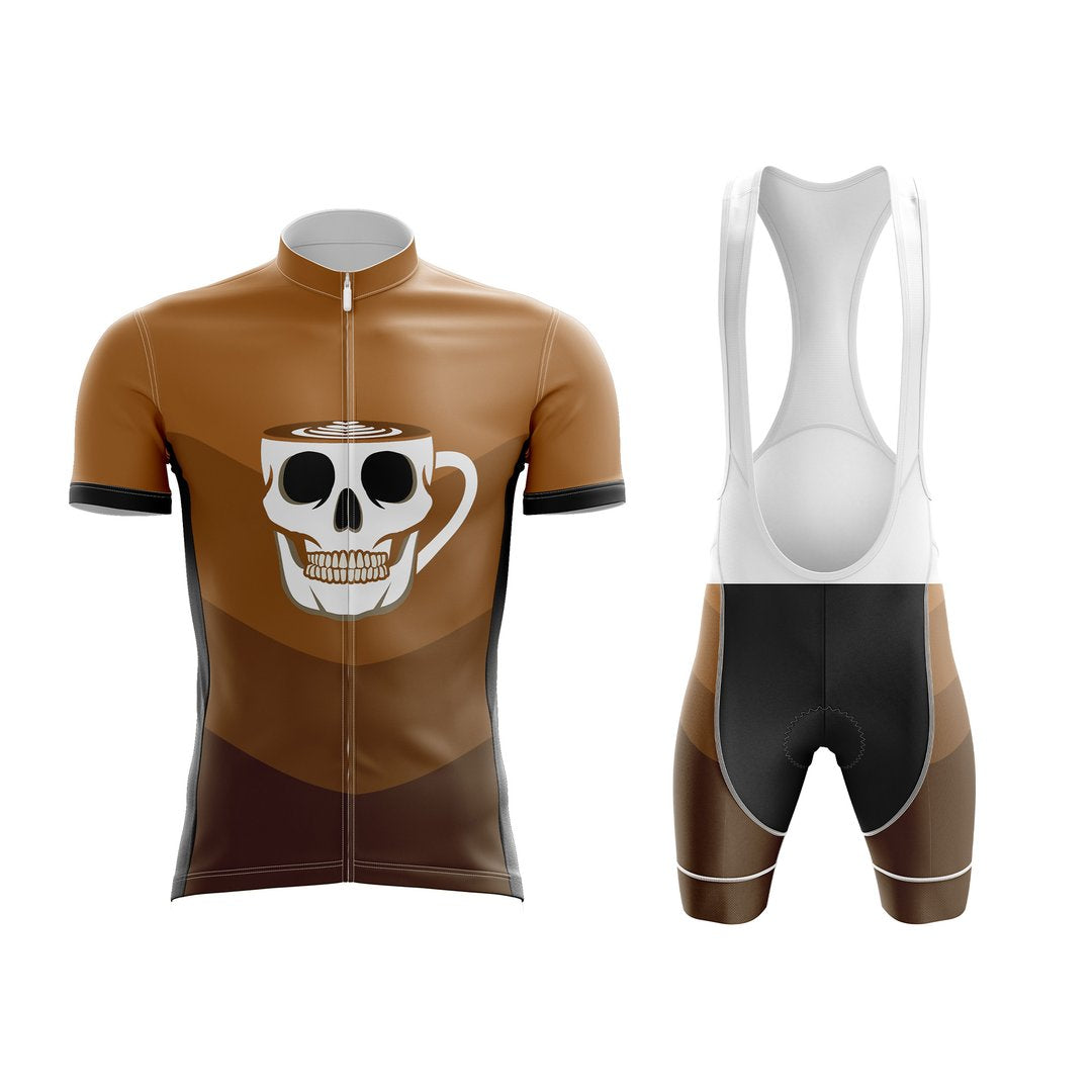 The Coffee Skull Cycling Jersey Set features a breathable, comfortable skull-themed jersey with a skull inside a coffee cup, paired with matching brown, black, and white lightweight polyester bib shorts, all set against a plain white background.