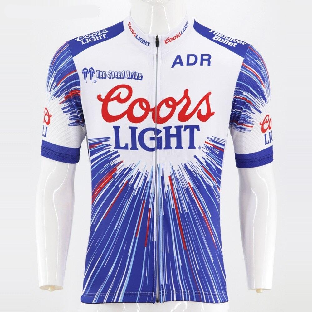 The Coors Light Beer Cycling Jersey is white with red and blue designs featuring the Coors Light logo prominently on the chest, alongside other cycling logos, with blue and red streaks radiating from the center.