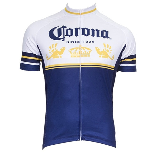 The Corona Beer Cycling Jersey features Corona and Since 1925 in blue on a white backdrop, reflecting its iconic branding. Gold accents with lions and a crown enhance the design, while performance fabric ensures comfort. Blue and gold stripes complete the sleeve trim.