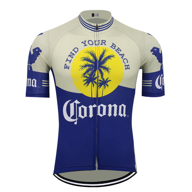 Cycle in style with the Corona Beer Retro Cycling Jersey Set, showcasing Find Your Beach and Corona in white. It features a blue and beige palette, palm tree, yellow sun, and a full front zipper for comfort on your ride.