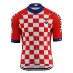 The Croatia Cycling Jersey is crafted from lightweight polyester, featuring a red and white checkered pattern. It has Croatia on the red sleeves, a checkered shield crest on the chest, and blue collar and sleeve cuffs.